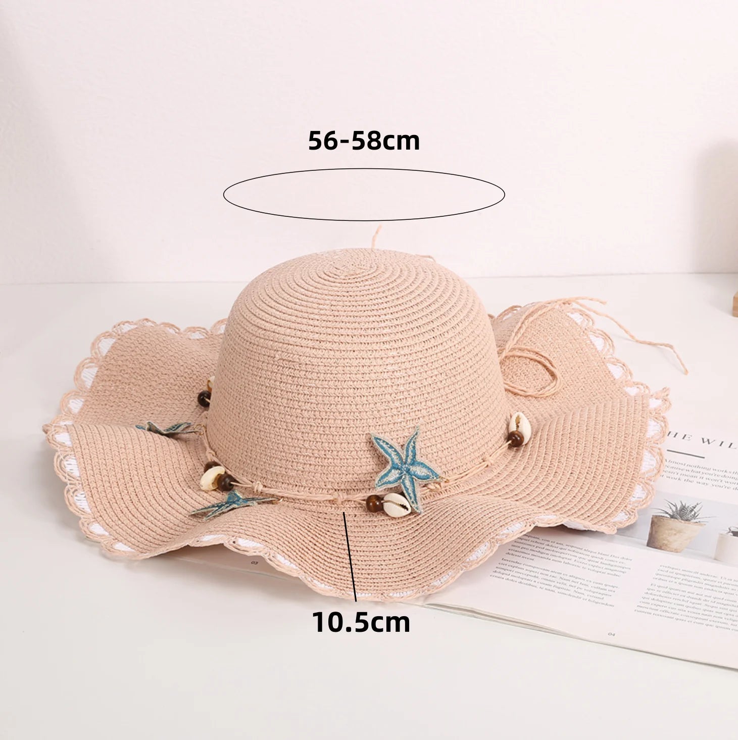 Bohemian Style Shell Beaded Wide-Brimmed Straw Hat, Hollow Woven Breathable Design, Wavy Edge, Sun Protection Beach Hat for Seaside Activities and Photography