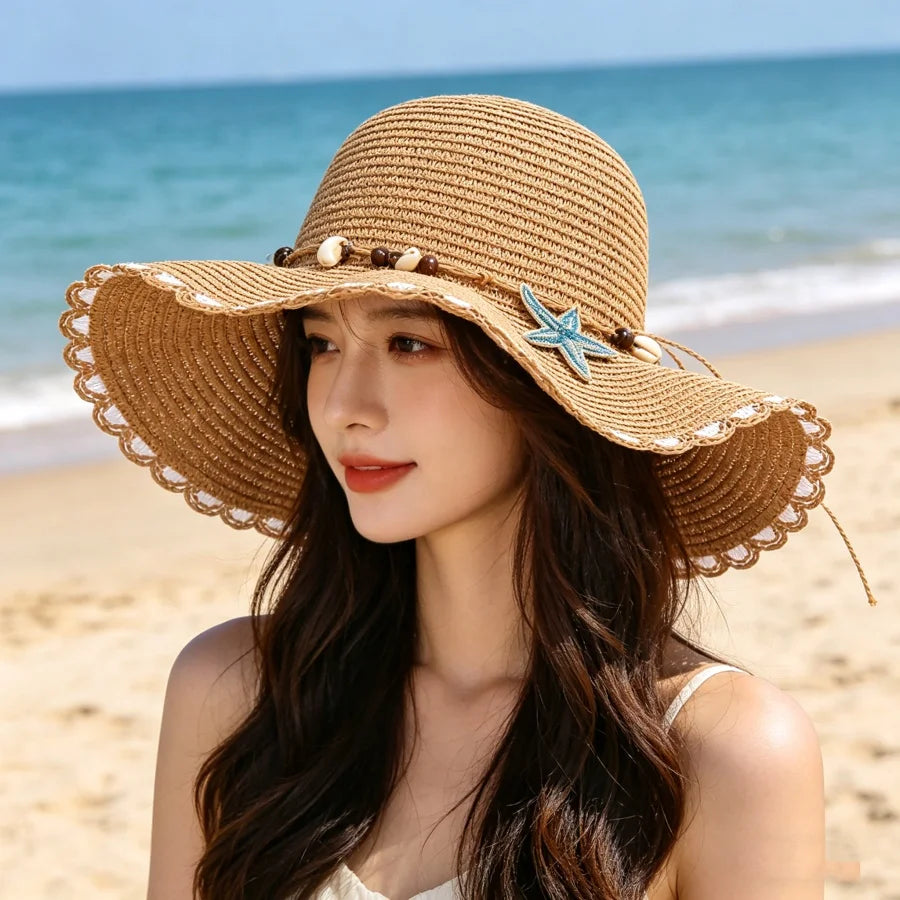 Bohemian Style Shell Beaded Wide-Brimmed Straw Hat, Hollow Woven Breathable Design, Wavy Edge, Sun Protection Beach Hat for Seaside Activities and Photography