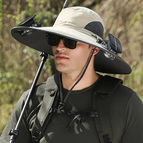 2026 Solar Fan Wide Brim Fishing Hat - UPF 50+ Sun Protection, Dual Solar Fans, Ideal for Men and Women,For Boyfriend Gift, Fish